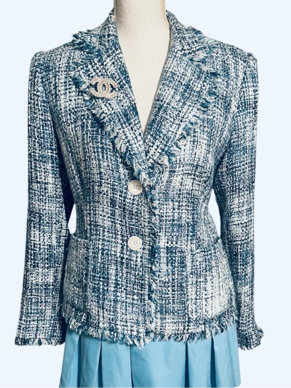 Chadwick’s Classic Tweed Blue White Tailored Fringe Jacket Blazer Women’s 14